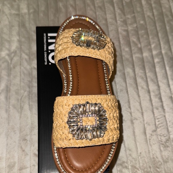 INC International Concepts Shoes - INC International Concepts Tan Woven Slide Sandals with Rhinestones